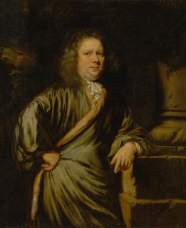Nicolaes Maes - Portrait of a gentleman, in a grey cloak, resting his left arm on the base of a column