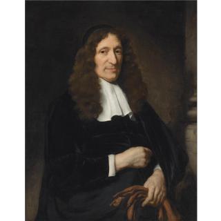 Nicolaes Maes - Portrait Of A Gentleman, Standing Three-Quarter Length, Holding A Pair Of Brown Gloves In His Left Hand