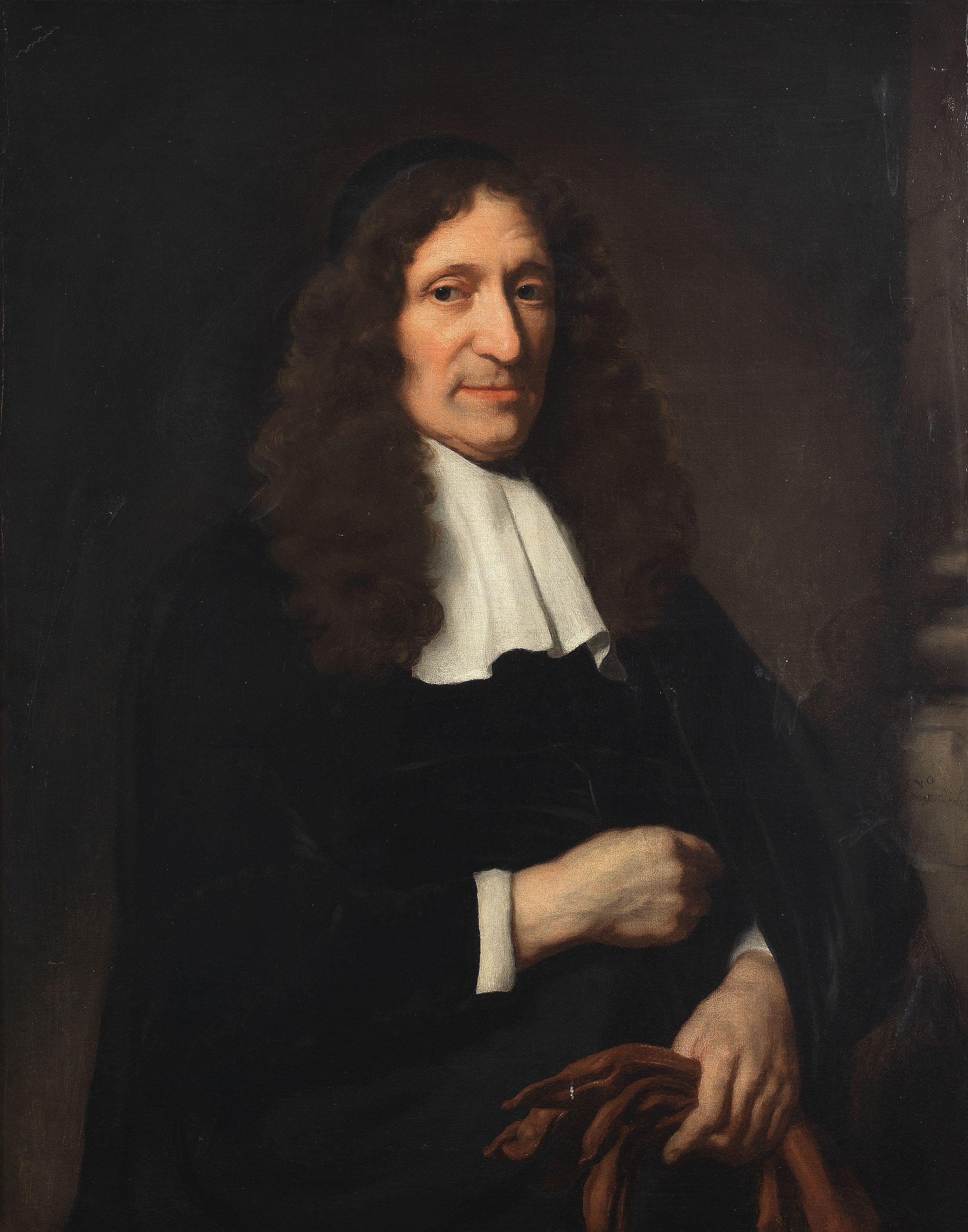 Nicolaes Maes - Portrait of a gentleman, standing three-quarter-length, holding his gloves