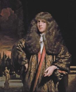 Nicolaes Maes - Portrait of a gentleman, three-quarter-length, in a brocaded silk Japonische rock, on the terrace of a garden at sunset