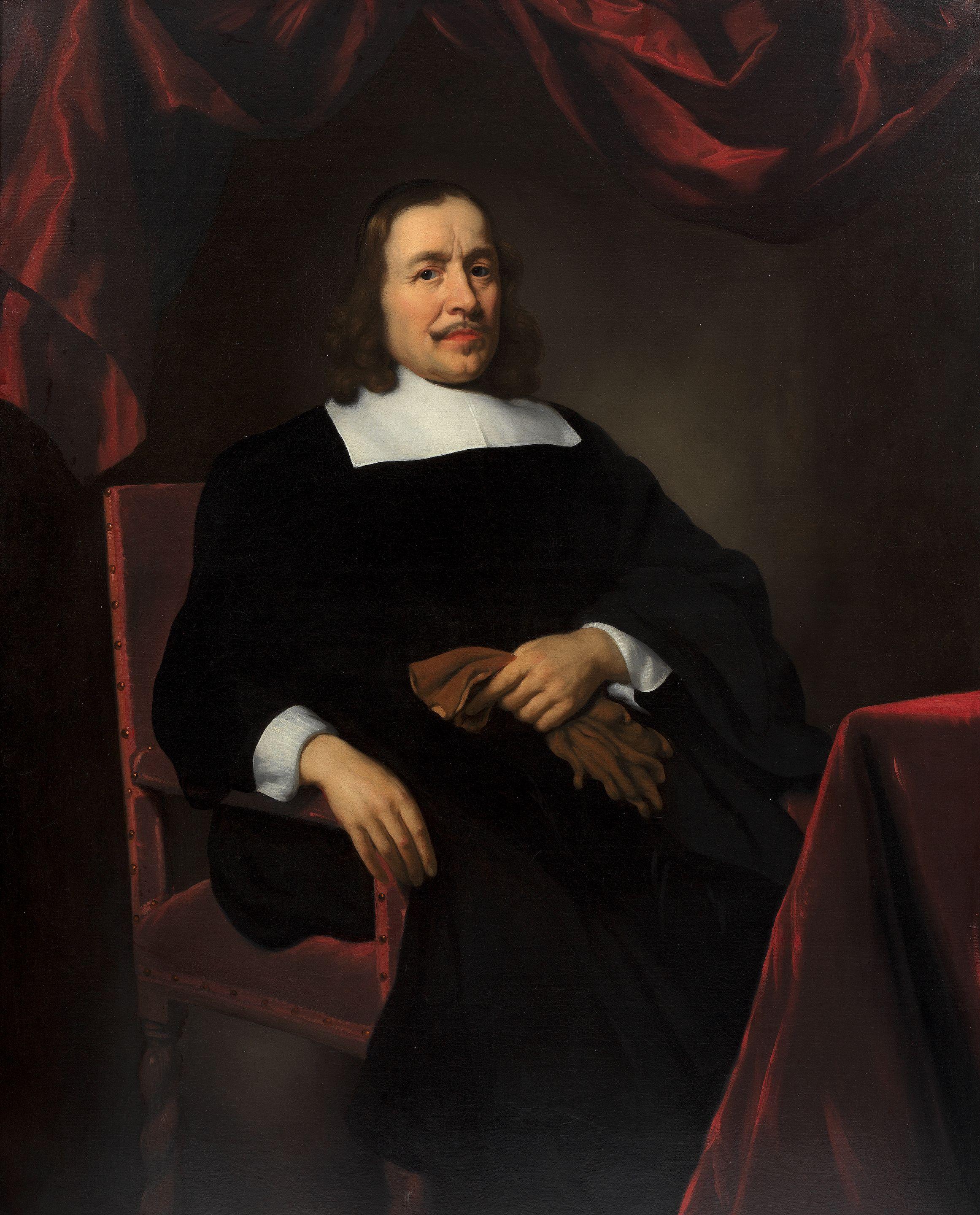 Nicolaes Maes - Portrait of a gentleman, three-quarter-length, seated in a chair, before a red curtain