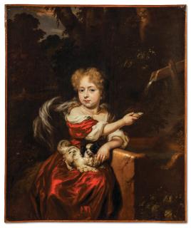 Nicolaes Maes - Portrait of a girl, three-quarter length, in a red satin dress by a fountain, a dog on her lap