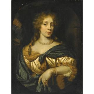 Nicolaes Maes - Portrait Of A Lady, Half Length, Wearing A White And Yellow Satin Dress With A Blue Shawl And Pearl Jewellery