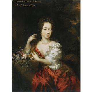 Nicolaes Maes - Portrait Of A Lady, Seated Three-Quarter Length, Wearing A Red Dress With A White Chemise And Pearl Jewellery