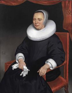 Nicolaes Maes - Portrait of a lady, three-quarter-length, in a black dress and ruff, holding a pair of gloves in her right hand, before a draped curtain