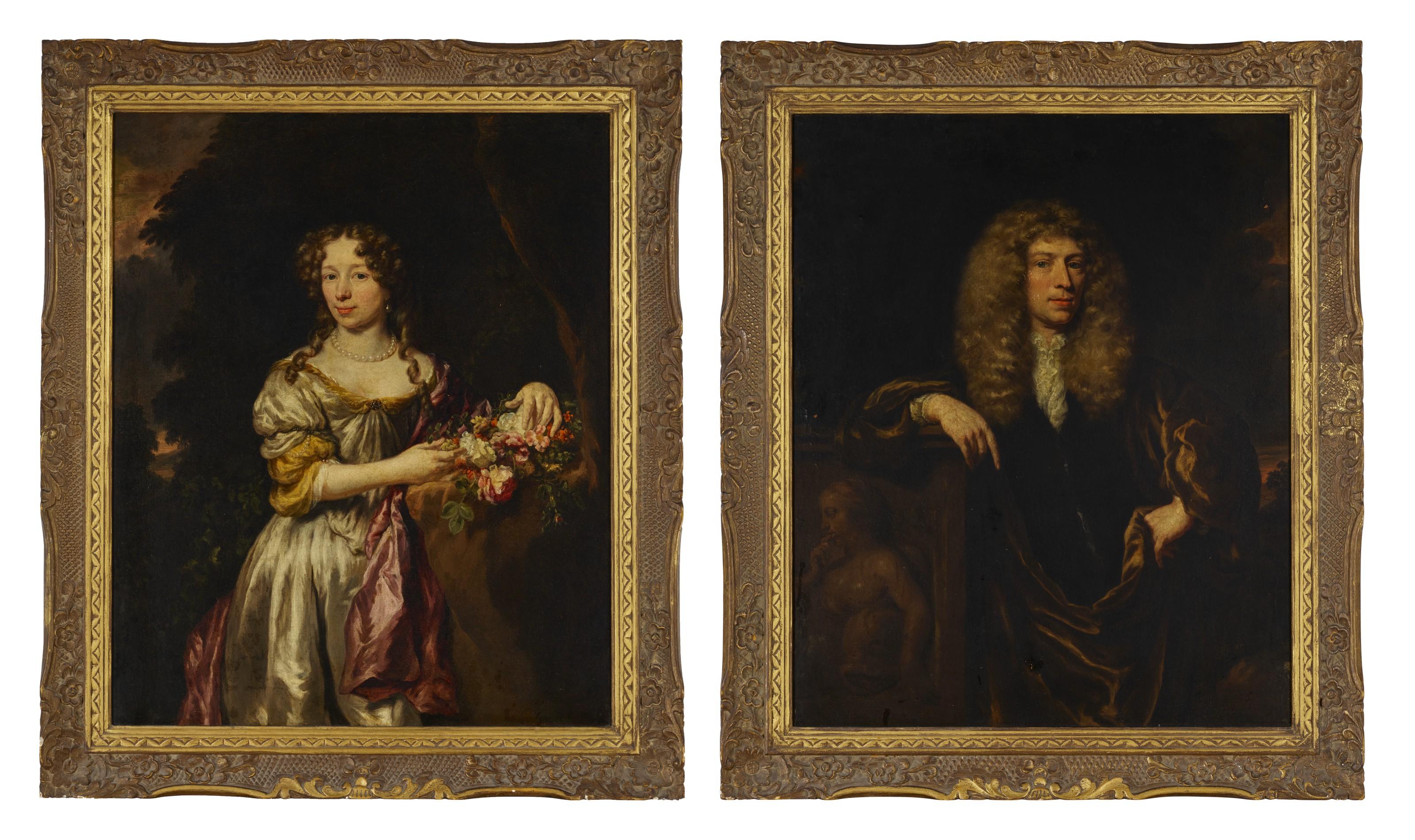 Nicolaes Maes - Portrait Of A Lady, Three-Quarter-Length, With A Bouquet Of Flowers, In A Landscape; And Portrait Of A Gentleman, Three-Quarter-Length, Leaning On A Relief, In A Landscape
