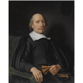 Nicolaes Maes - Portrait Of A Man, Seated Half-Length, Wearing A Black Robe With A White Flat Collar, Holding A Pair Of Gloves