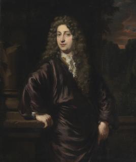 Nicolaes Maes - Portrait Of A Man, Three-Quarter-Length, In A Purple Coat With A Lace Cravat, His Right Hand Resting On A Plinth, An Evening Landscape Beyond