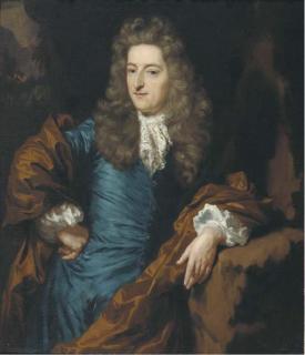 Nicolaes Maes - Portrait of A Nobleman, Three-Quarter-Length, In A Satin Blue Waistcoat Brown Mantle And Wig, In A Landscape