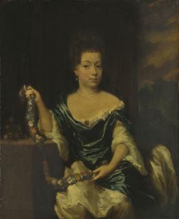 Nicolaes Maes - Portrait of a woman seated at a table holding a garland of flowers, three-quarter-length, a view into a landscape beyond