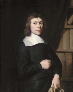 Nicolaes Maes - Portrait of a young man, half-length, in a dark costume and white collar, standing by a library