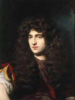 Nicolaes Maes - Portrait of a young man, small bust-length, in classical costume and a wig, in a landscape