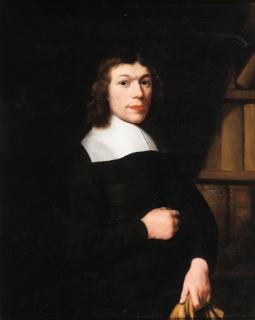 Nicolaes Maes - Portrait of a young man, standing three quarter length by a bookcase, wearing dark costume and a lace collar, holding gloves