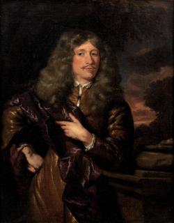 Nicolaes Maes - Portrait of a young man, three-quarter length, in a brown coat with a purple wrap