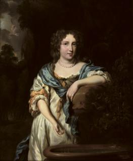 Nicolaes Maes - Portrait of an elegant lady, three-quarter-length, in a white satin dress by a fountain