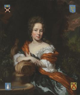 Nicolaes Maes - Portrait Of Catrina Pels, Three-Quarter-Length, In A Red Dress Next To A Fountain