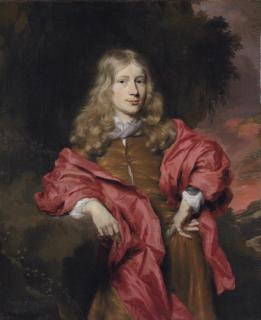 Nicolaes Maes - Portrait Of Gentlemen, Three-Quarter Length, In A Brown Tunic With A Red Cloak In A Wooded Landscape, At Sunset