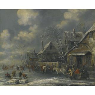 Nicolaes Molenaer - A Frozen River Landscape With Children Playing On The Ice And Figures Gathered Outside The Swan Inn