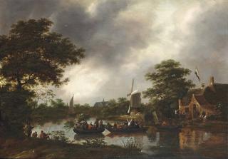 Nicolaes Molenaer - A River Landscape With Figures On Ferryboats, Leaving A Carnival