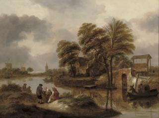 Nicolaes Molenaer - A river landscape with fishermen, figures conversing on an embankment near a lock