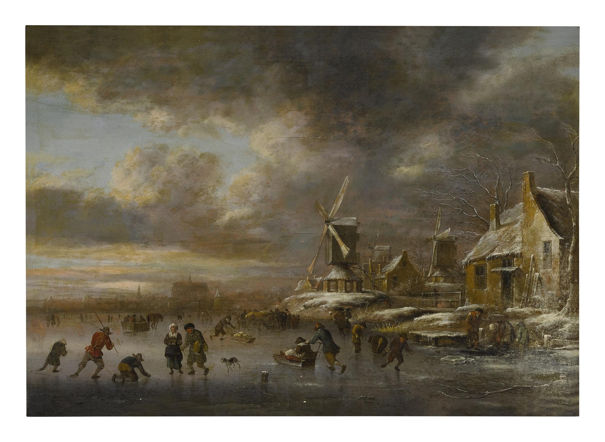Nicolaes Molenaer - A Winter Landscape With Figures On A Frozen River, A City Beyond