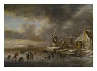 Nicolaes Molenaer - A Winter Landscape With Figures On A Frozen River, A City Beyond