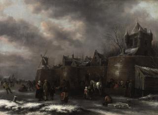 Nicolaes Molenaer - A winter landscape with figures skating and sleighing on a frozen moat outside a fortified town
