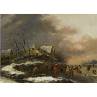 Nicolaes Molenaer - A Winter Landscape With Figures Skating On A Frozen River By A Village, Children On Sleighs, And Elegant Figures In The Foreground