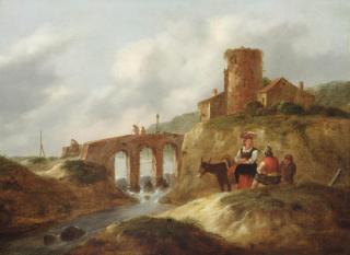 Nicolaes Molenaer - An Italianate landscape with travellers resting near a bridge