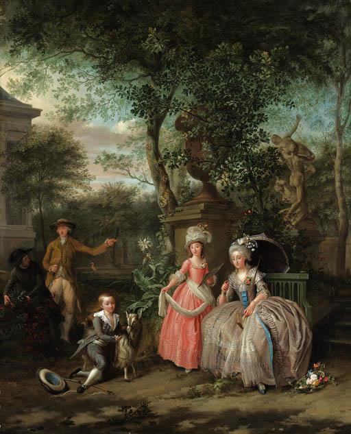 Nicolaes Muys - A group portrait of a family in an ornamental garden