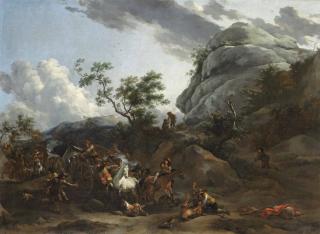 Nicolaes Pietersz. Berchem - A Mountainous Landscape With Travellers Being Ambushed