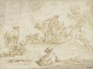 Nicolaes Pietersz. Berchem - A peasant couple by a tree with cattle and sheep