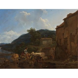 Nicolaes Pietersz. Berchem - A River Landscape With Cattle, Peasants And Their Horses At A Watering-Place