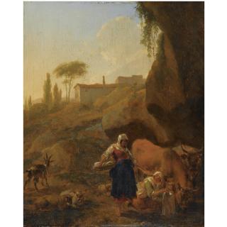 Nicolaes Pietersz. Berchem - A Rocky Southern Landcape With Two Peasant Women With Their Flock And Cattle Halting Near A Stream