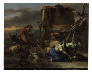 Nicolaes Pietersz. Berchem - A shepherdess milking a goat, a peasant shearing a sheep, and a young man leaning on a donkey