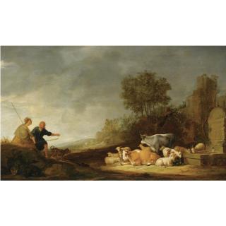 Nicolaes Pietersz. Berchem - A Southern Landscape With A Shepherd And A Shepherdess Resting With Their Cattle By A Watering Place, Ruins Beyond