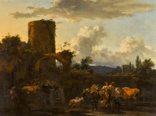 Nicolaes Pietersz. Berchem - An evening landscape with drovers and their animals by a river