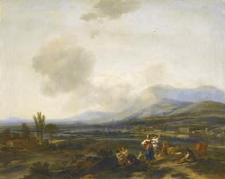 Nicolaes Pietersz. Berchem - An Extensive Italianate River Landscape With Herders Dancing And Making Merry