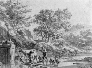 Nicolaes Pietersz. Berchem - An italianate landscape with herdsman at the fountain