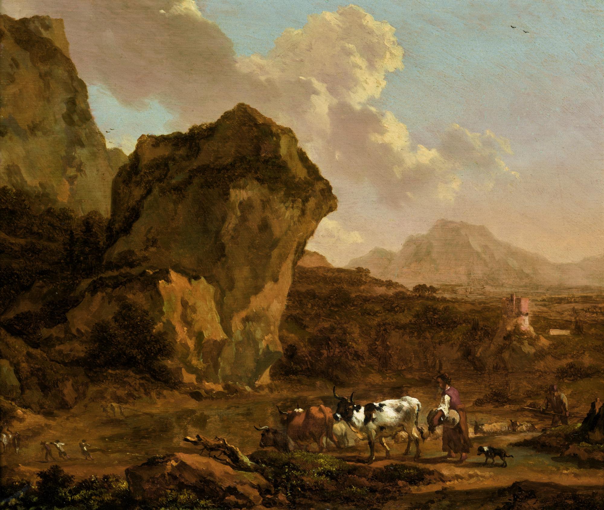 Nicolaes Pietersz. Berchem - An Italianate Mountain Landscape With A Peasant Woman Herding Her Cattle