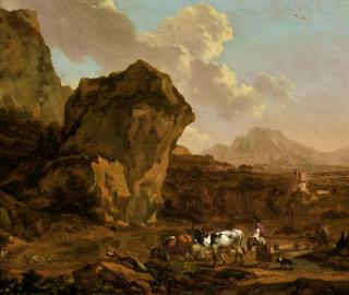 Nicolaes Pietersz. Berchem - An Italianate Mountain Landscape With A Peasant Woman Herding Her Cattle