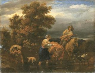 Nicolaes Pietersz. Berchem - An Italianate River Landscape With Drovers At A Ford At Dusk