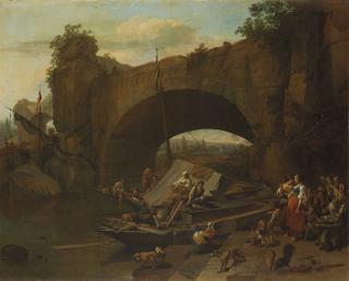 Nicolaes Pietersz. Berchem - Figures Under A Bridge In An Italianate River Landscape