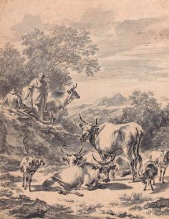 Nicolaes Pietersz. Berchem - Herdsmen with cattle and sheep in an extensive Italianate landscape