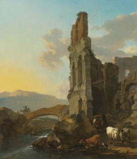 Nicolaes Pietersz. Berchem - Italianate River Landscape With Herdsmen By The Ruins Of An Amphitheatre, And Peasants Crossing A Bridge 