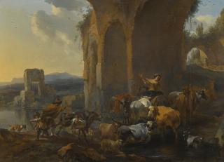 Nicolaes Pietersz. Berchem - Landscape With Herdsmen Beneath Ruins