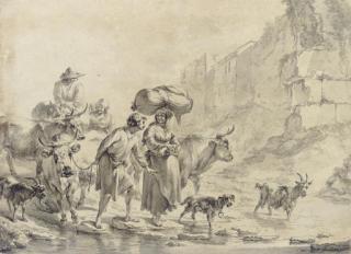 Nicolaes Pietersz. Berchem - Peasants and animals fording a stream, below town walls