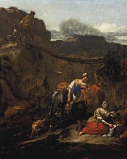 Nicolaes Pietersz. Berchem - Shepherds Resting In A Rocky Landscape