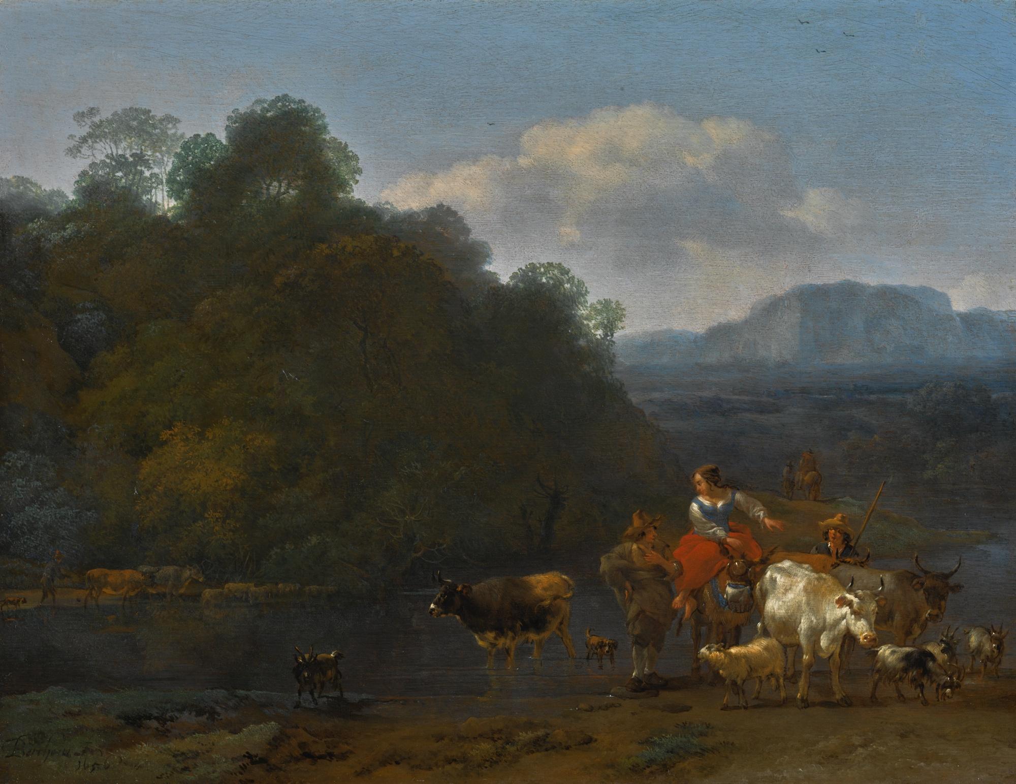 Nicolaes Pietersz. Berchem - Southern Landscape With Shepherds And Their Animals Fording A Stream