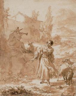 Nicolaes Pietersz. Berchem - Une bergère avec son troupeau, un homme jouant de la flûte sur un rocher